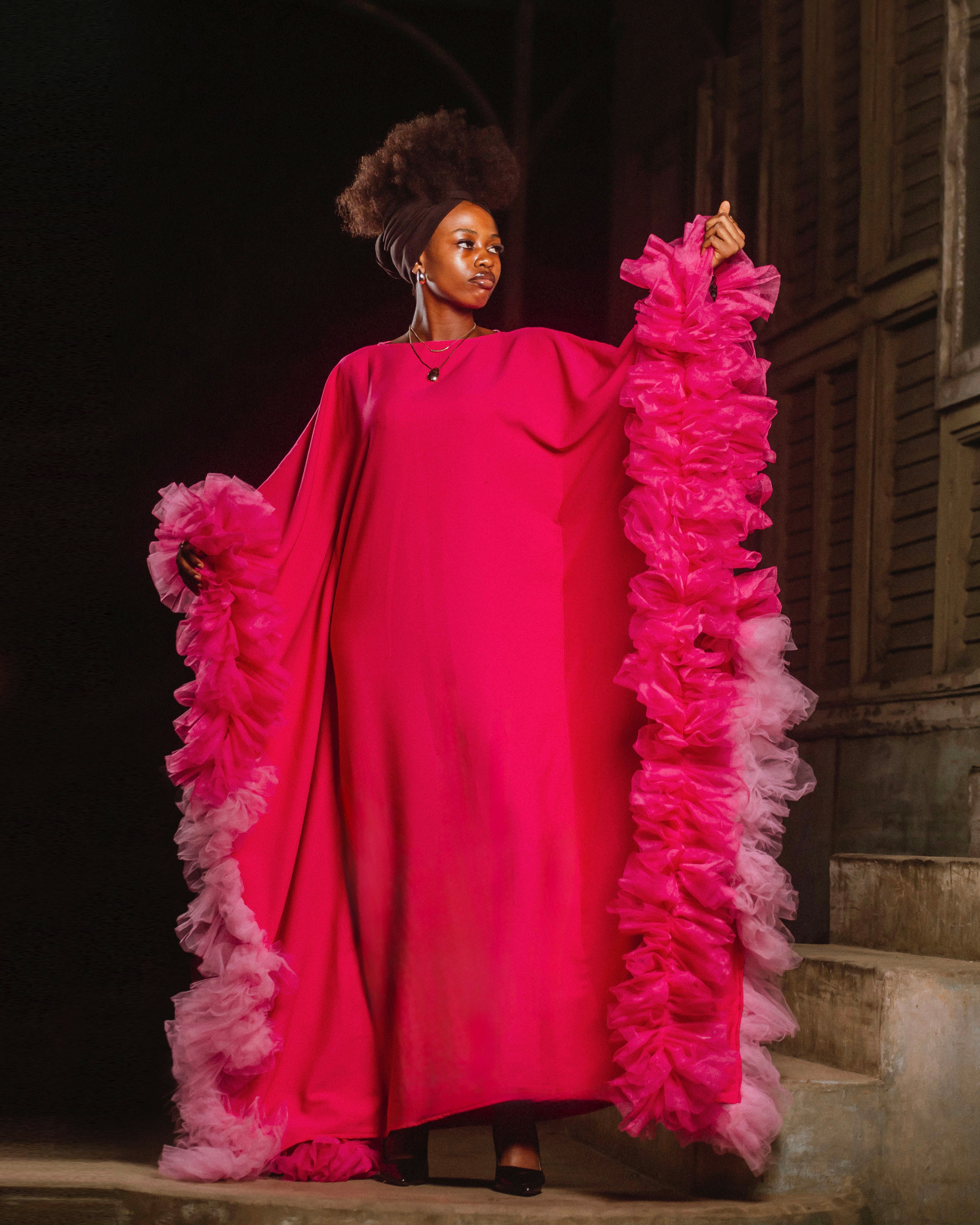 Model in Pink Dress with Ruffles